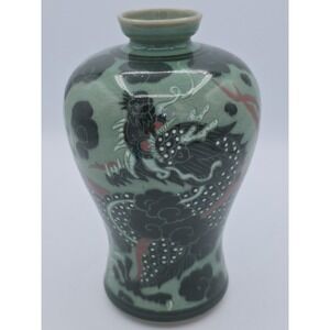 Korean Celadon Dragon Meiping Crackle Vase Green Glaze Raised Accents Signed